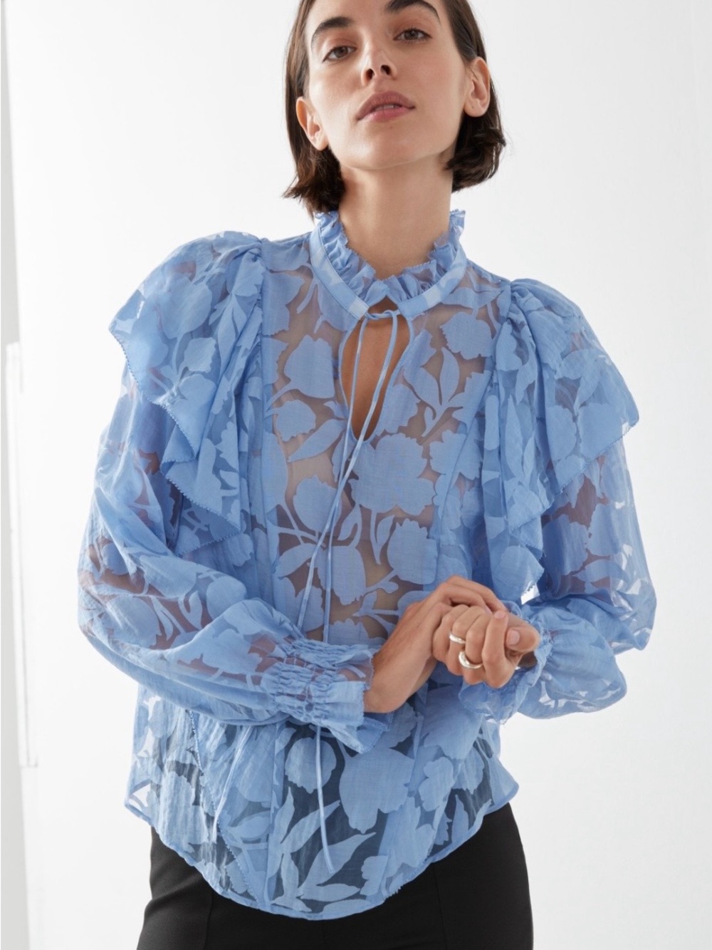 & Other Stories Sky Blue Sheer Floral Ruffled Tie-Neck Blouse